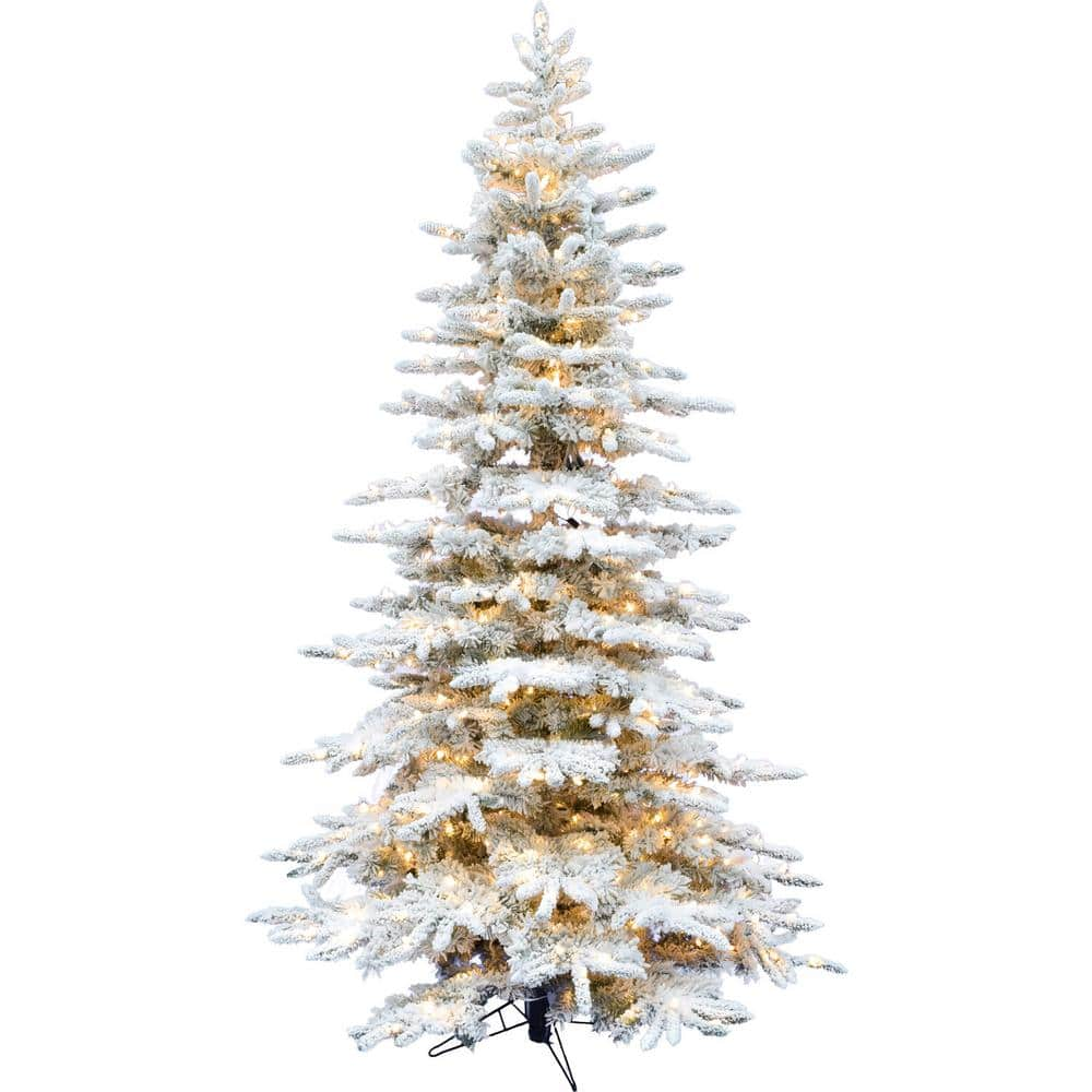 Fraser Hill Farm 10.0-ft. Pre-Lit Mountain Pine Snow Flocked Artificial Christmas Tree, Warm White LED Lights