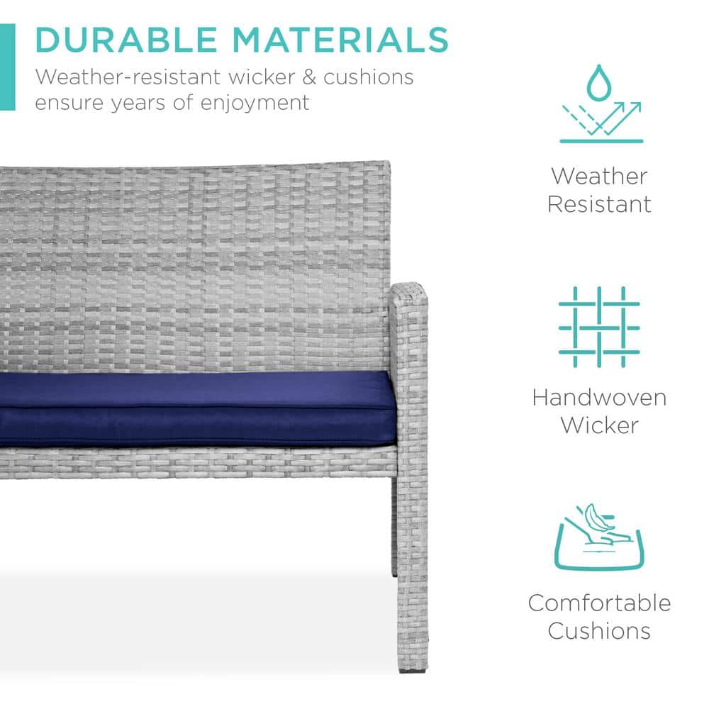 Gray Wicker 4-Piece Outdoor Patio Set with Navy Cushions