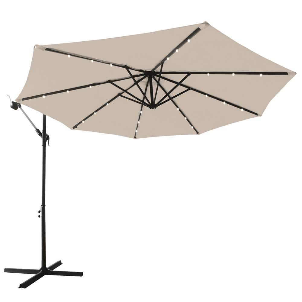 Beige 10 ft. Iron Made LED Round Solar Tilt Outdoor Cantilever Umbrella