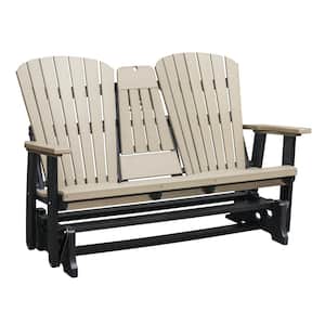 Adirondack Series 60 in. 2-Person Black Frame High Density Plastic Outdoor Glider with Weather Wood Seats and Backs