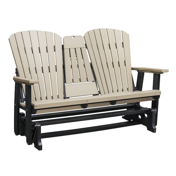 American Furniture Classics Adirondack Series 60 in. 2-Person Black Frame High Density Plastic Outdoor Glider with Weather Wood Seats and Backs