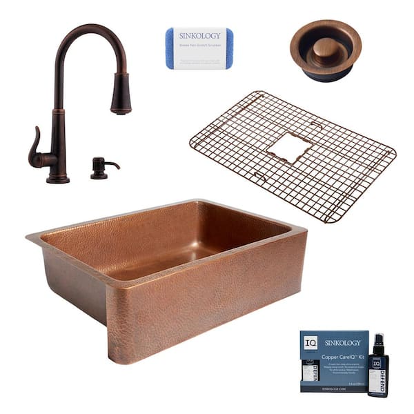 SINKOLOGY Adams All-In-One Copper Farmhouse Apron 33 in. Single Bowl Kitchen Sink with Pfister Ashfield Faucet and Drain