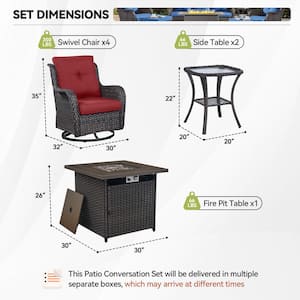 7-Piece Brown Wicker Fire Pit Conversation Set with Olefin Red Cushions and 4 Swivel Glider Chairs and Side Tables