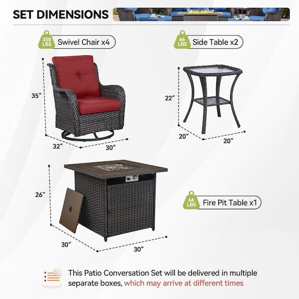 7-Piece Brown Wicker Fire Pit Conversation Set with Olefin Red Cushions and 4 Swivel Glider Chairs and Side Tables