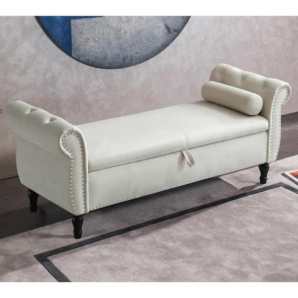 63 in. W x 22.1 in. D x 24 in. H Beige Velvet Tufted Storage Bench