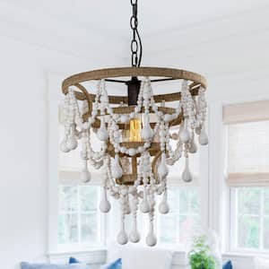 Modern 1-Light Distressed White Wood Beaded Chandelier with Hemp Rope