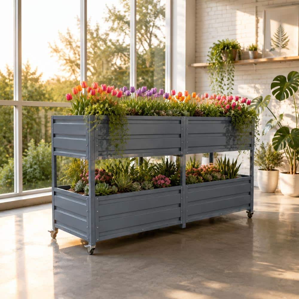 Dual Tier Metal Raised Garden Bed with Lockable Wheels and Storage Shelf, Elevated Planter for Patio price history on PriceWatchPro