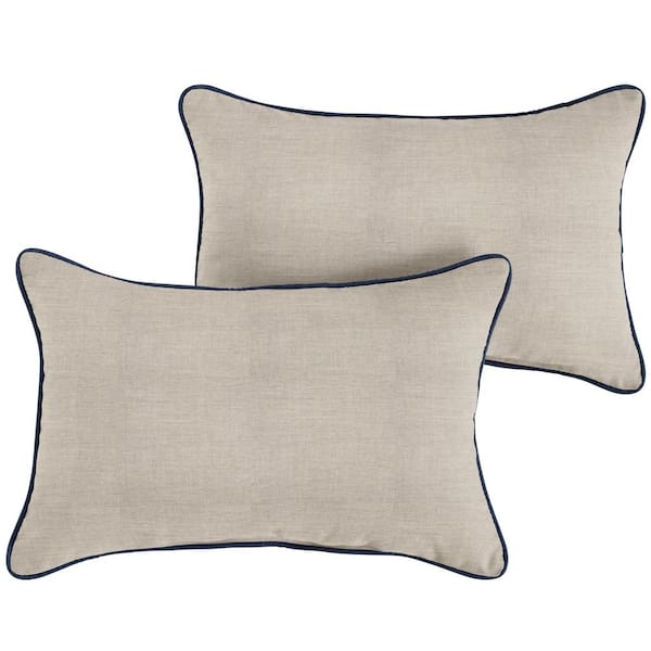 SORRA HOME Sunbrella Silver Grey with Indigo Blue Rectangular Outdoor Corded Lumbar Pillows (2-Pack)