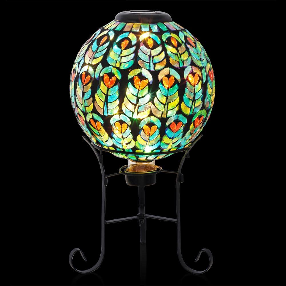 Solar Multicolor Glass Peacock Feather Mosaic Gazing Globe with Metal Stand