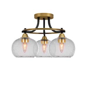 Madison 16 in. 3-Light Matte Black and Brass Semi-Flush Mount with Clear Bubble Glass Shade
