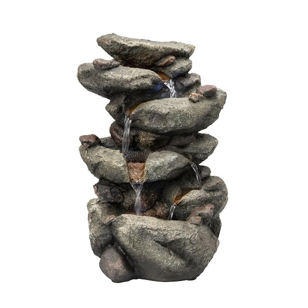 Alpine Corporation 14 in. Tall Indoor/Outdoor Tiered Rainforest Rock Tabletop Waterfall Fountain with LED Lights