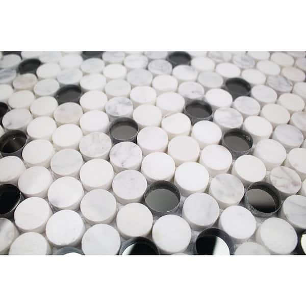 Mirage Penny Round White and Gray 11.25 in. x 12.75 in. x 8 mm Marble and Glass Wall Mosaic Tile
