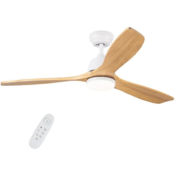 YUHAO Farmhouse 52 in. Indoor White Solid Wood Ceiling Fan with 3 Color Temperatures, Integrated LED with Remote Included