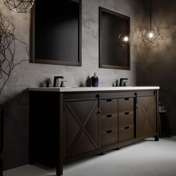 Marsyas 84 in W x 22 in D Brown Double Bath Vanity, Cultured Marble Countertop, Faucet Set and 34 in Mirrors