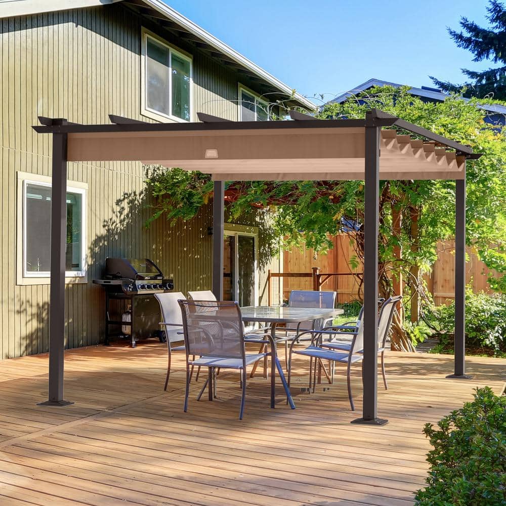10 ft. x 13 ft. Wood Grain Aluminum Pergola with Gray Canopy