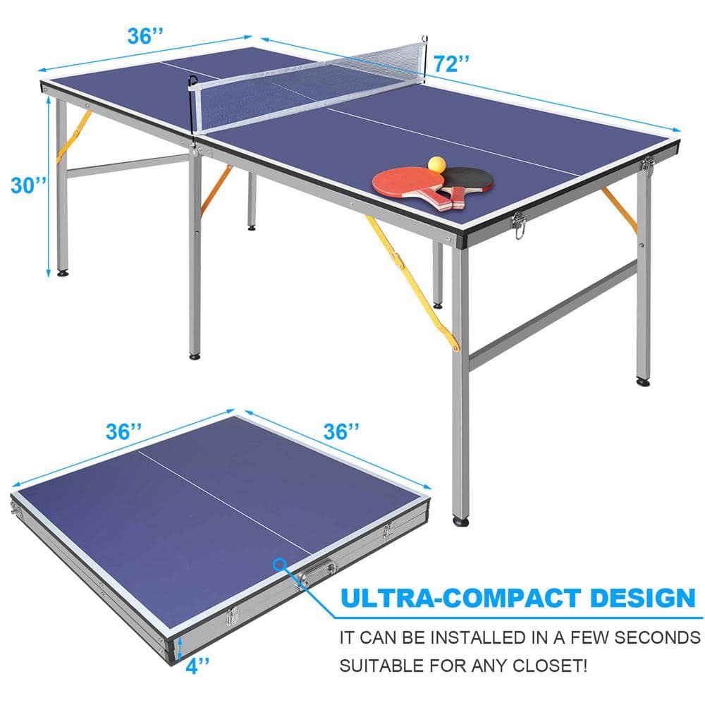 6-Foot Blue Foldable MDF Ping Pong Table with Net and Accessories