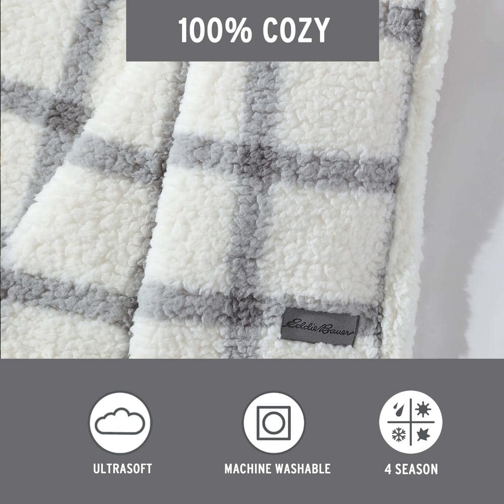 Gray and White Plaid Reversible Sherpa Throw Blanket