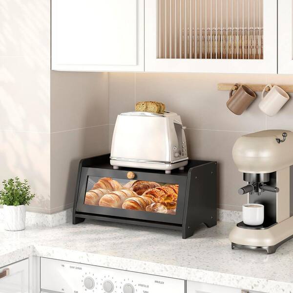 Wooden Farmhouse Bread Box with Window for Kitchen Countertop, Bread Container Storage and Bread Holder, Black (1-Pack)