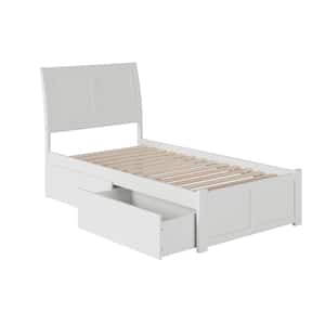 Portland White Twin Solid Wood Storage Platform Bed with Flat Panel Foot Board and 2 Bed Drawers