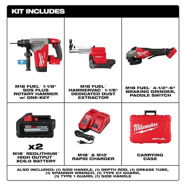 M18 FUEL 18V Lith-Ion 1-1/8 in. Cordless SDS-Plus Rotary Hammer w/ Two 6. 0Ah Batteries & 4-1/2 in. /6 in. Grinder