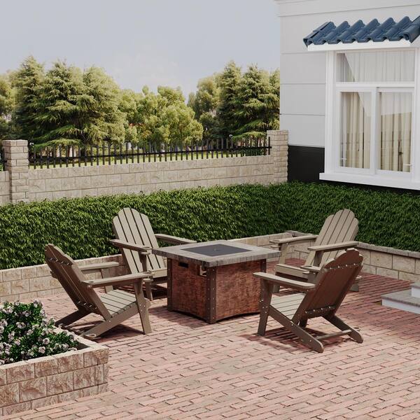 CASAINC 34.5 in. 5-Piece Metal Patio Fire Pit Set Fire Pit Table and Gray Brown Adirondack Chairs w/Cup Holder & Umbrella Holder