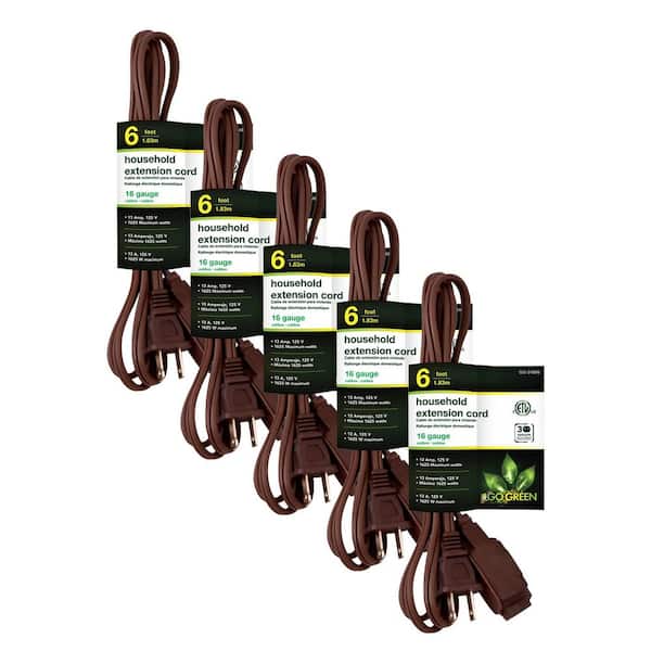 GoGreen Power (G-24806-5) 6 ft. 16/2 Indoor Household Extension Cord, 3 Outlets, Brown, 5 PACK