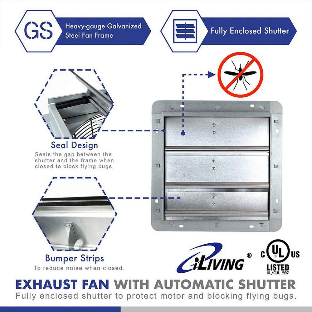 iLiving 12" Silver Wall-Mounted Shutter Exhaust Fan, 960 CFM