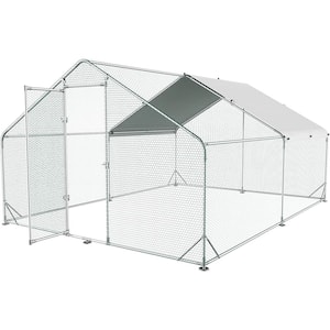 10' L x 13' W x 6.4' H, Metal Chicken Coop, Walk-In with Waterproof Cover, Lockable, Pointed Roof, White