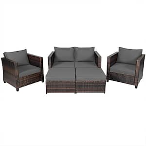 5-Piece Metal Outdoor Patio Rattan Sectional Conversation Sofa Furniture Set With Gray Cushions