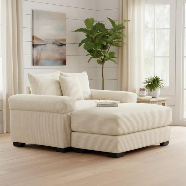 Homy Casa ZDSNYK 54.3 in. Straight Arm 2-Piece Corduroy Modular Sectionals Sofa with Ottoman and Ergonomic Design in Creamy Beige