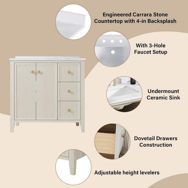 36 in. W Single Sink Solid Wood Bath Vanity in ASH with White Engineered Quartz Top, Soft-Close