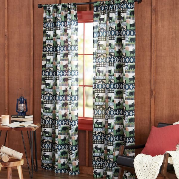 Estate View Moose Lodge Blue Multi Animals Light Filtering Rod Pocket Indoor Curtain Panel, 38 in. W x 84 in. L (Set of 2)