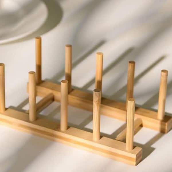 Natural Bamboo Wooden Plate Organizer Dish Rack 4-Pack Space Saving Holder for Kitchen Counter and Cabinet