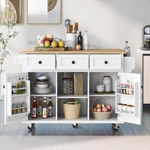 White Wood Kitchen Cart with Drop-Leaf Countertop, Cabinet door internal storage racks, 5-Wheels, 3-Drawers, Spice Rack