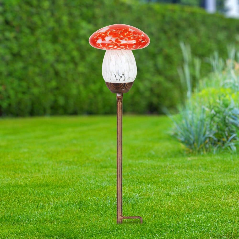 Solar Red and White Glass Mushroom Garden Stake Light