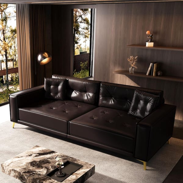 92 in. Wide Straight Arm Faux Leather Rectangle Tufted Sofa in Dark Brown with 2 Pillows, Pull Out King Size Sofa Bed