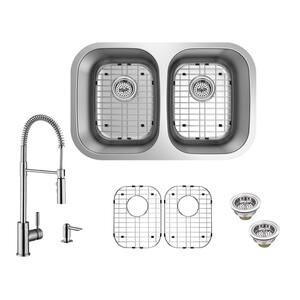 All-In-One Undermount 18-Gauge Stainless Steel 29-3/8 in. 0-Hole 50/50 Double Bowl Kitchen Sink with Pull Down Faucet