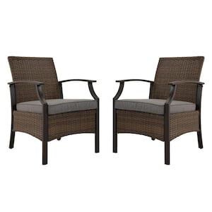Rattan Outdoor Dining Chairs Patio Wicker Chairs with Gray Cushion and Metal Armrest and Leg (2-Pack)