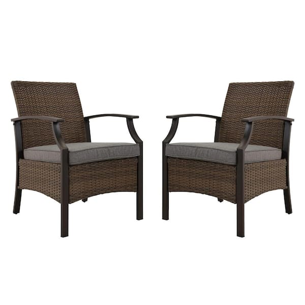 Clihome Rattan Outdoor Dining Chairs Patio Wicker Chairs with Gray Cushion and Metal Armrest and Leg (2-Pack)