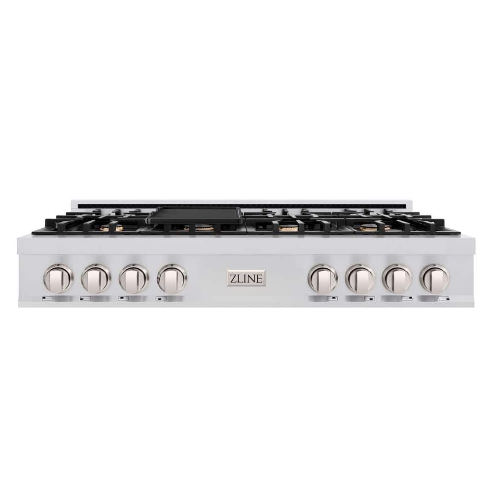 48 in. 7 Burner Front Control Gas Cooktop with Brass Burners in Stainless Steel with Griddle