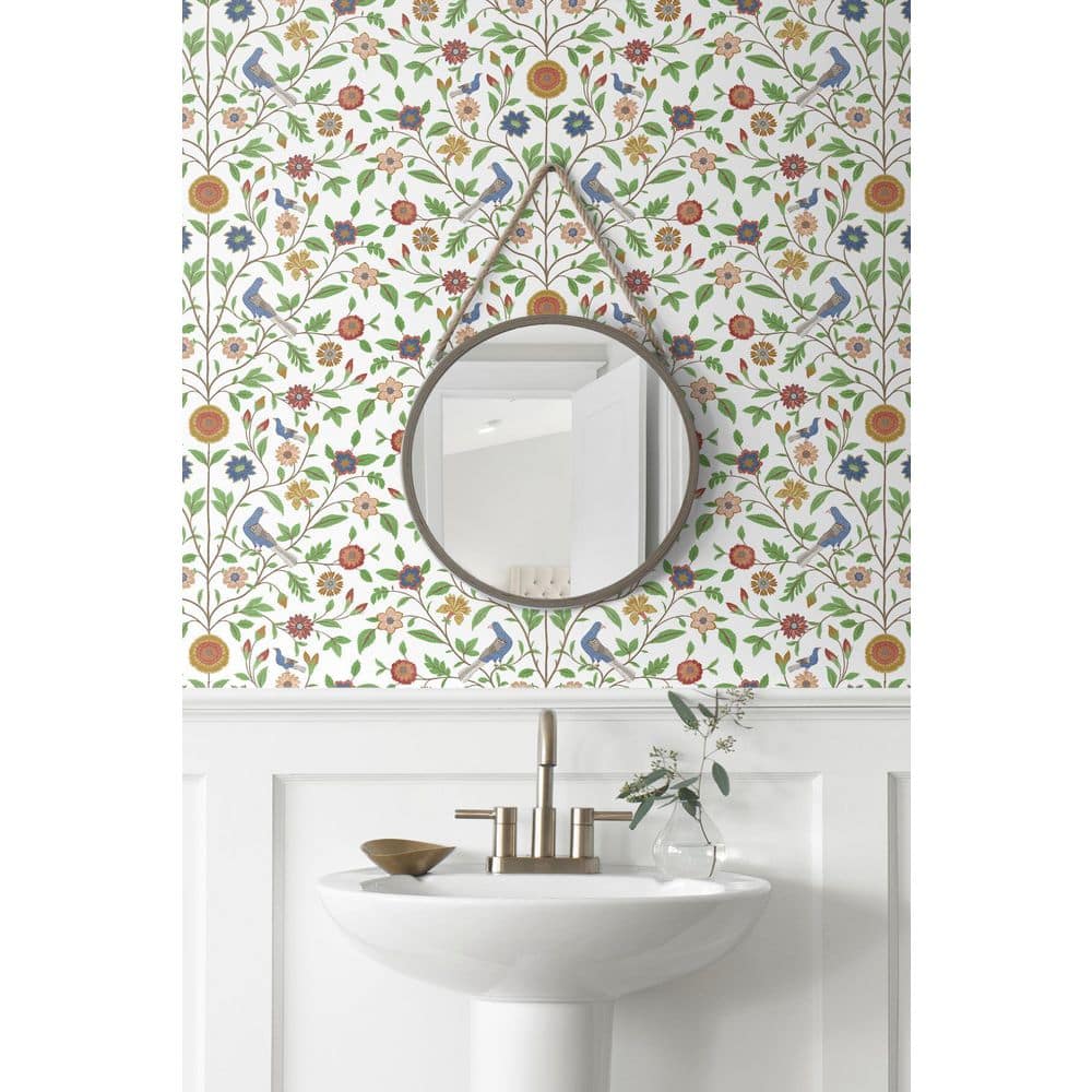 White and Multicolor Bird Toile Vinyl Peel and Stick Wallpaper Roll