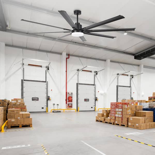 84 in. Matte Black Integrated LED Industrial Downrod Mount Windmill Ceiling Fan with Light and Remote Control