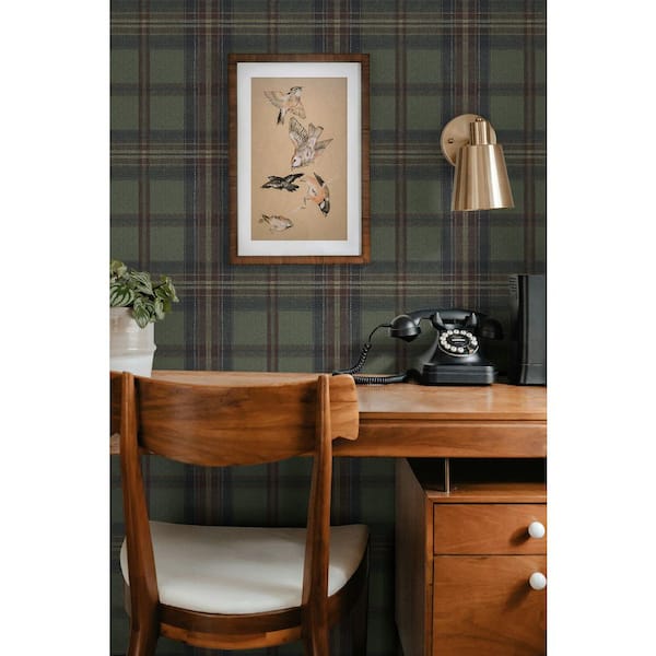 30.75 sq. ft. Adobe & Antique Green Herringbone Plaid Premium Matte Non-Woven Paper Peel and Stick Wallpaper Roll