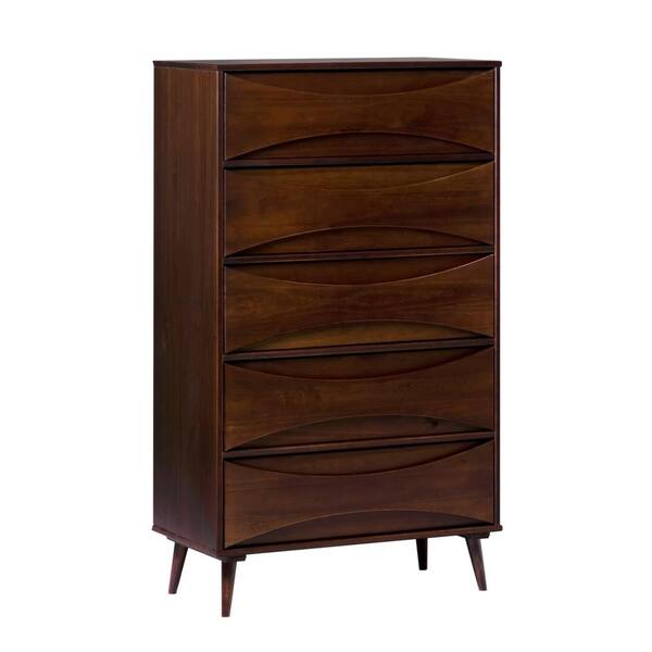 Welwick Designs 5 Drawer Walnut Wood Mid Century Modern Chest of