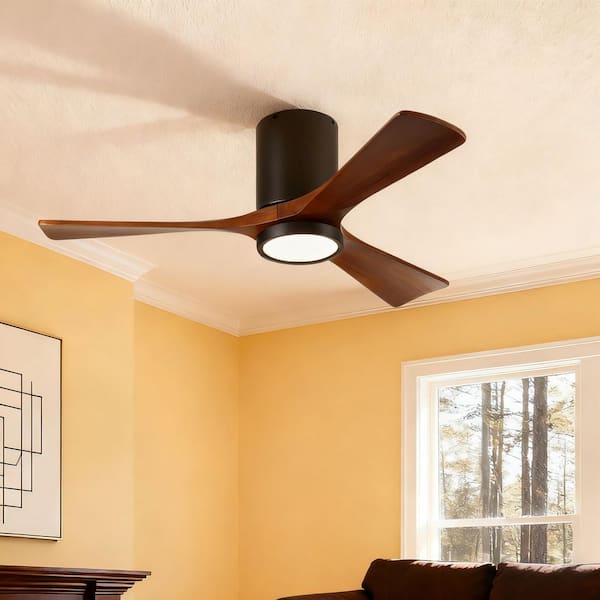 42 in. Indoor Black Hugger Flush Mount Ceiling Fan with 3 Solid Dark Brown Wood Blades and Full Spectrum Light
