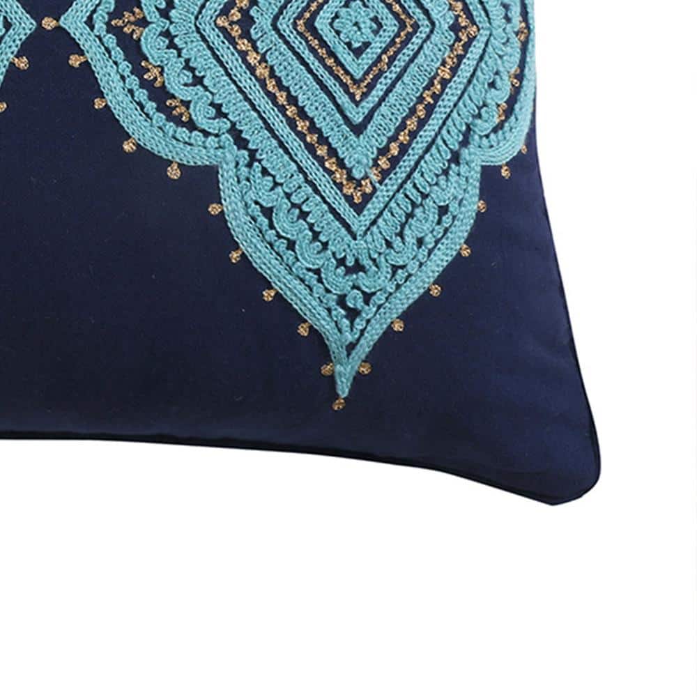 Navy Blue Embroidered Medallion Feather-Filled Decorative Pillow 12x24