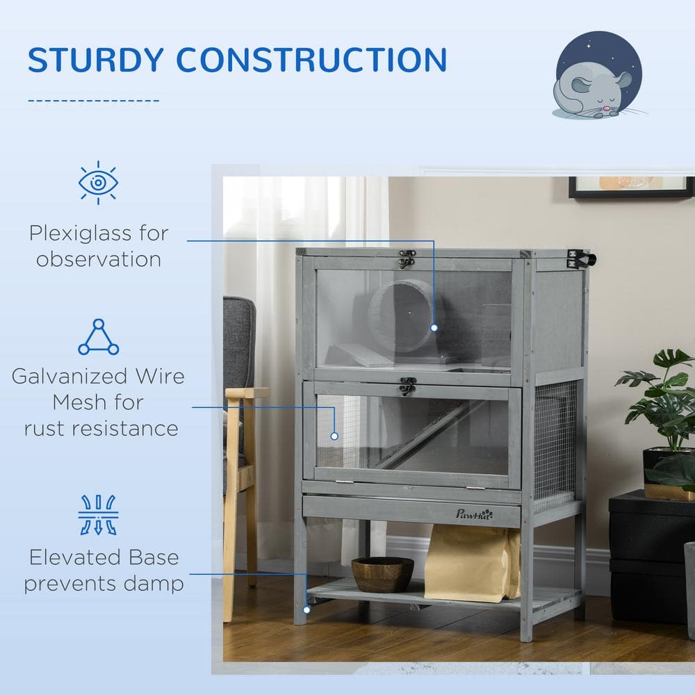 Grey Wooden Hamster Cage with Storage Shelf and Ramp