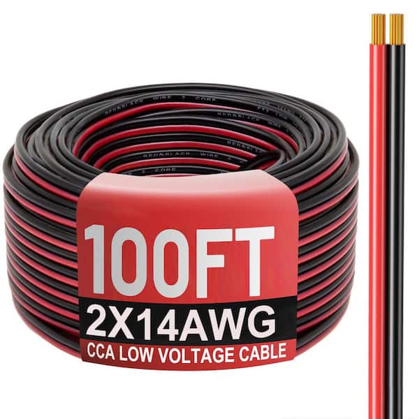 100 ft. 12 / 24V 14 / 2 AWG Copper Clad Aluminum 2 Conductors Electrical Wire Red Black Cable, Low Voltage. 1-Pack