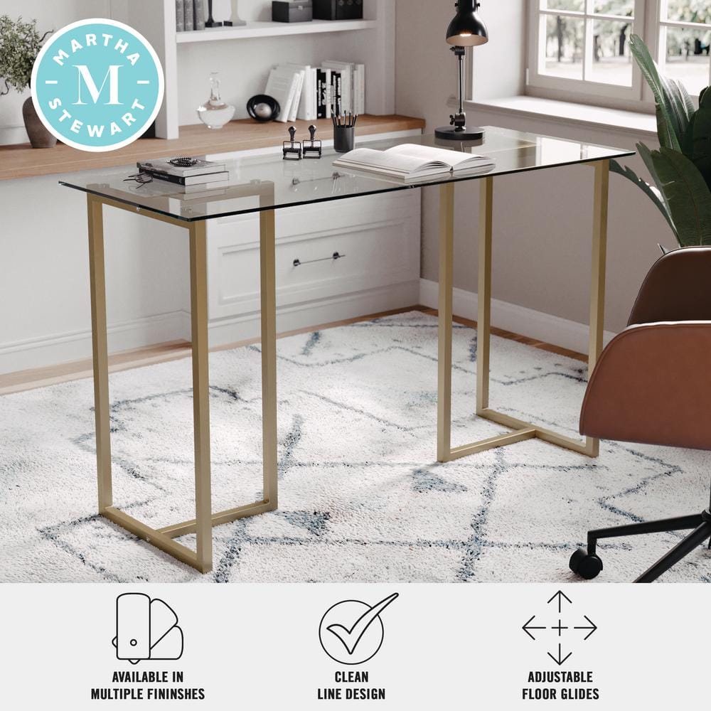 Clear Glass Top Desk with Polished Brass Frame for Home Office