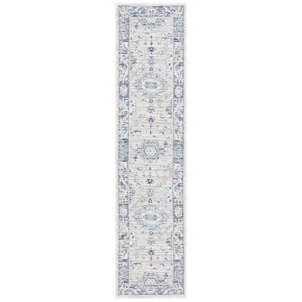 SAFAVIEH Sunrise Gray/Blue Ivory 2 ft. x 8 ft. Floral Border Reversible Indoor/Outdoor Runner Rug
